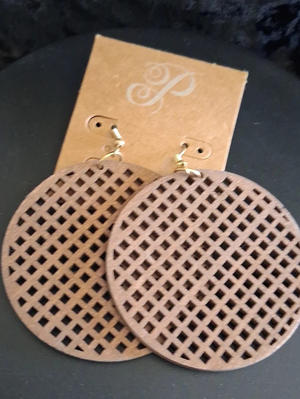 Plunder Laser-Cut Round Brown Wood Lattice Earrings